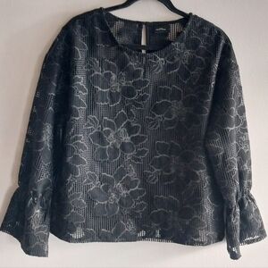 Your Sixth Sense Black Embroidered Floral Long Sleeve Popover Top